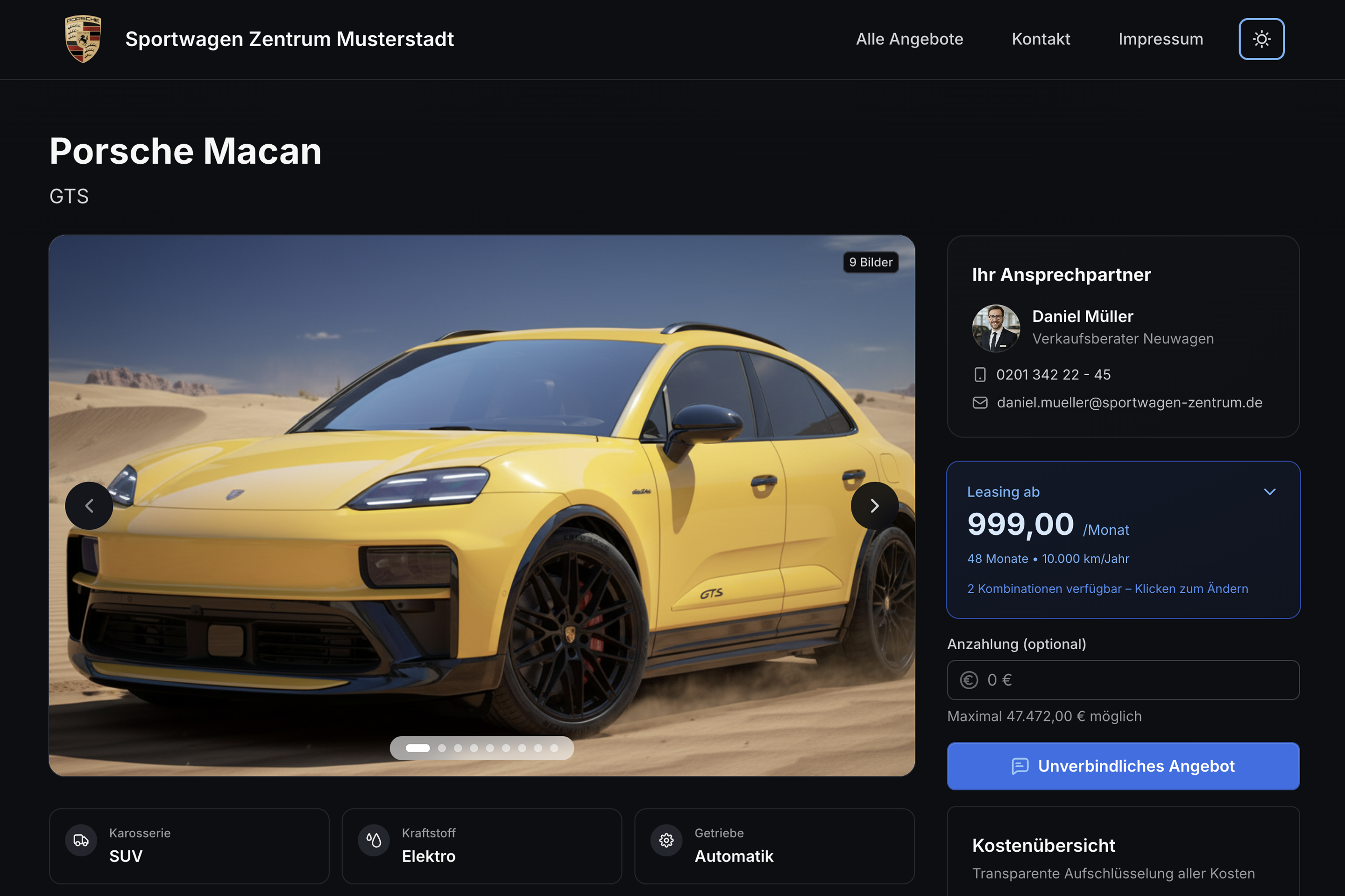 Carvitra Fahrzeug-Landingpage mit Porsche Macan - Leasing-Konfiguration und Bildergalerie