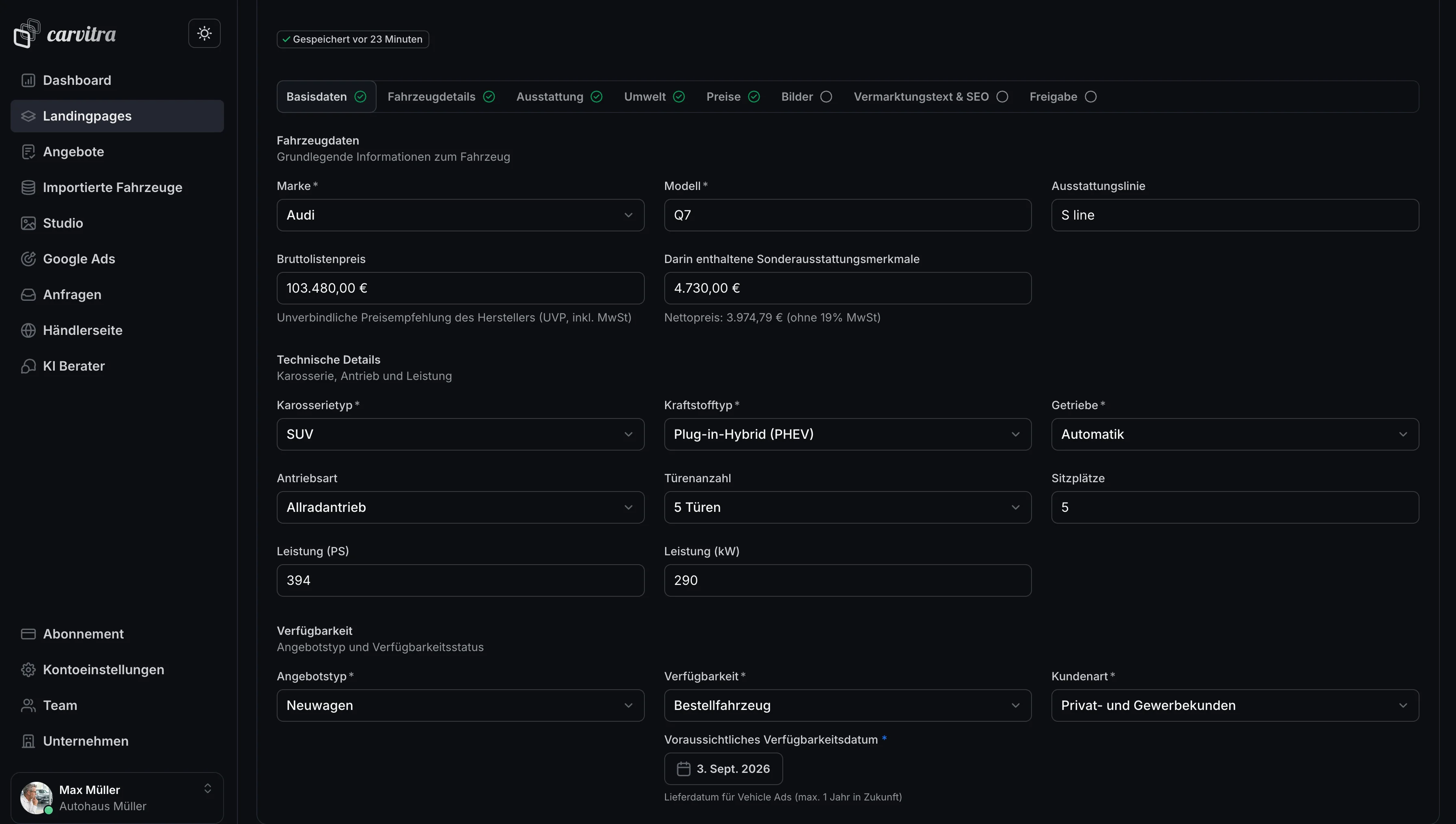 Carvitra-Editor: Basisdaten-Tab mit Marke, Modell, Bruttolistenpreis und technischen Details