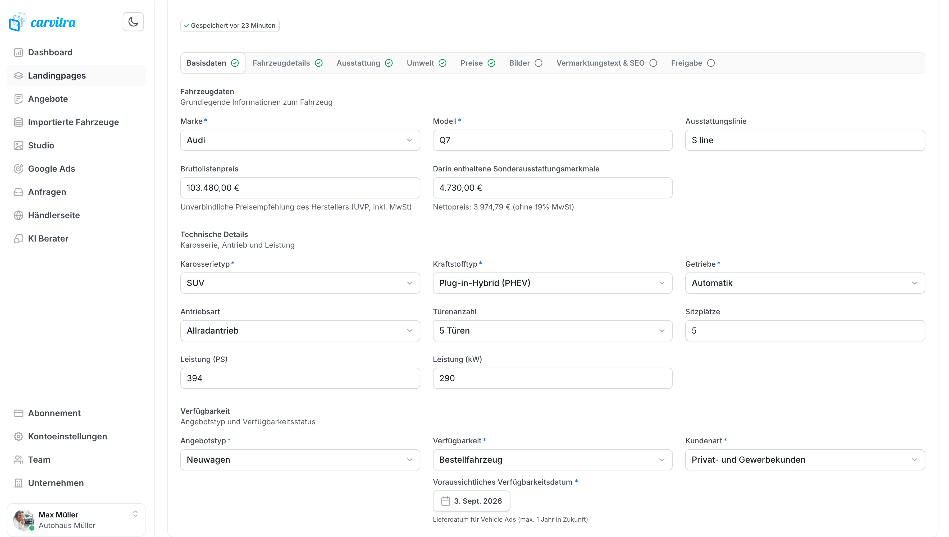 Carvitra-Editor: Basisdaten-Tab mit Marke, Modell, Bruttolistenpreis und technischen Details