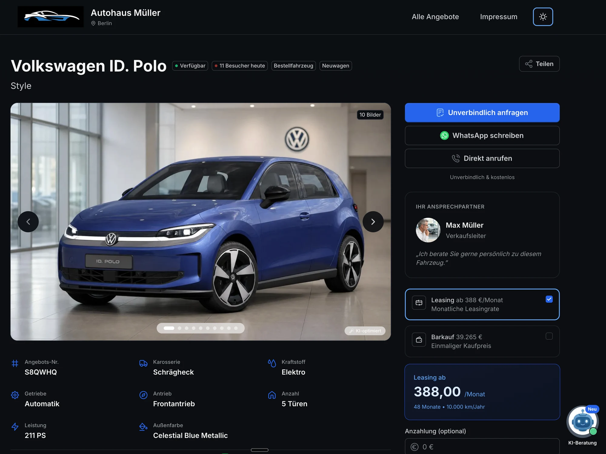 Beispiel einer mit Carvitra erstellten Fahrzeug-Landingpage: VW ID. Polo mit Autohaus-Branding, Verkäufer-Kontakt und Pflichtangaben