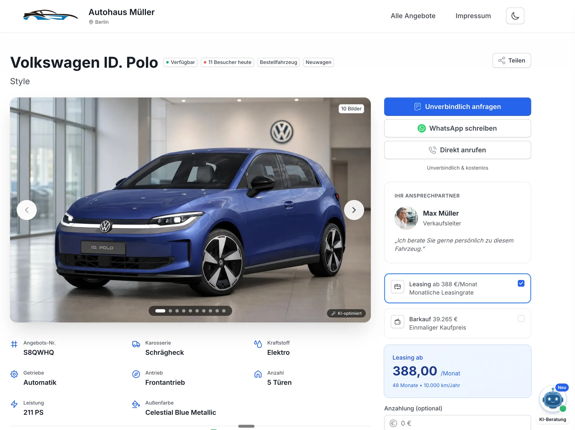 Beispiel einer mit Carvitra erstellten Fahrzeug-Landingpage: VW ID. Polo mit Autohaus-Branding, Verkäufer-Kontakt und Pflichtangaben