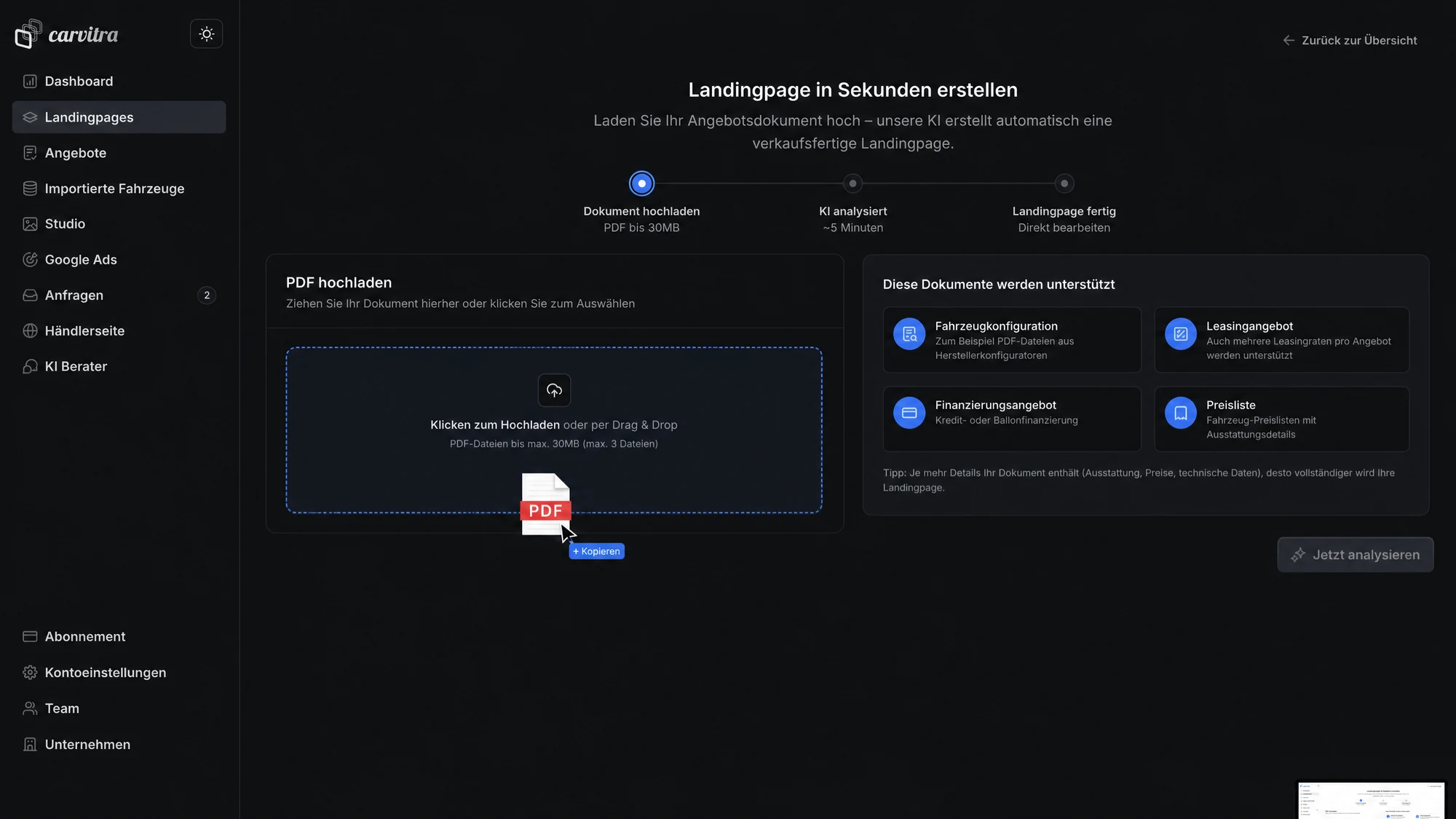 Carvitra PDF-Upload-Funnel: Dokument hochladen, KI-Analyse, fertige Landingpage