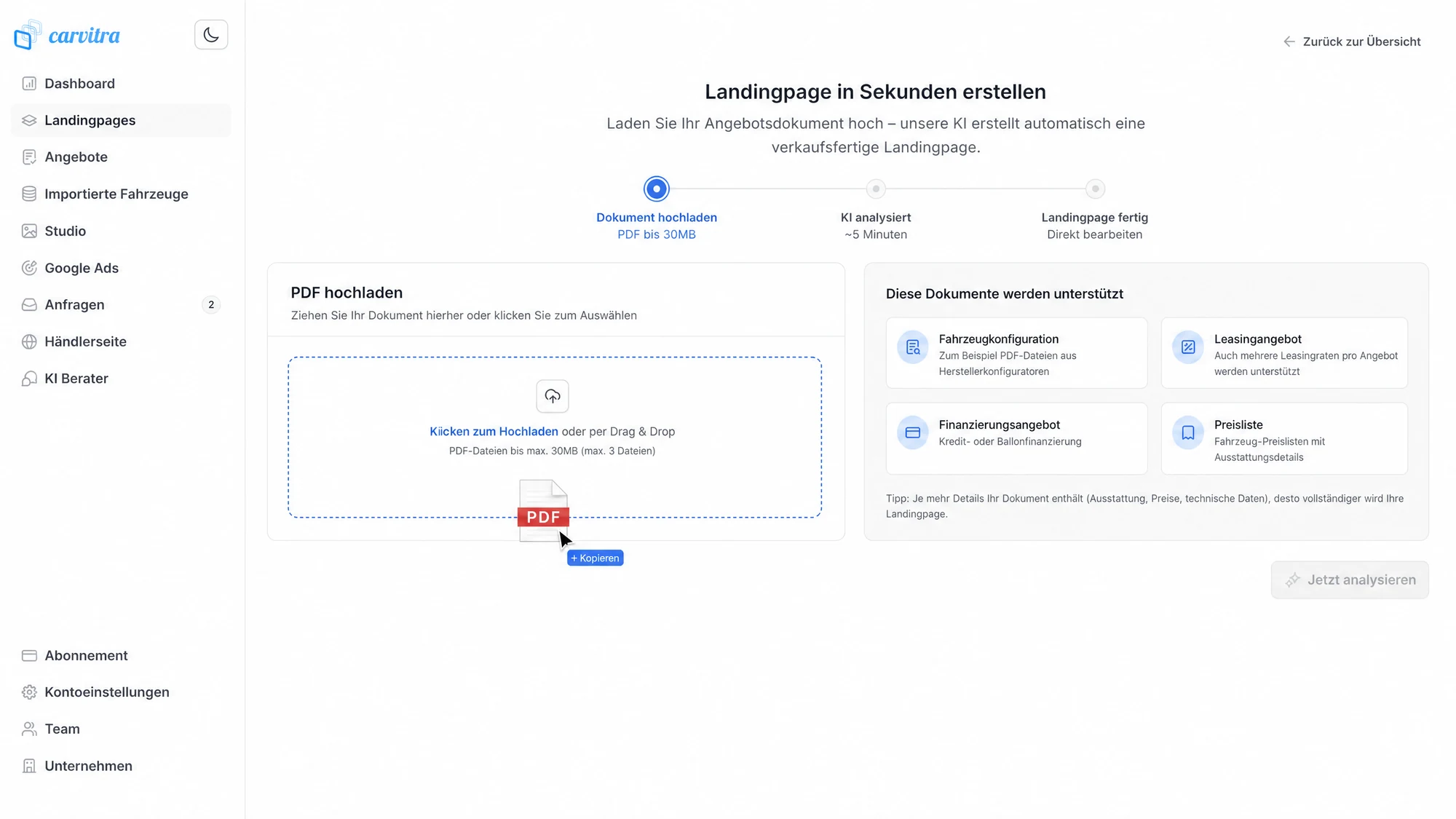 Carvitra PDF-Upload-Funnel: Dokument hochladen, KI-Analyse, fertige Landingpage