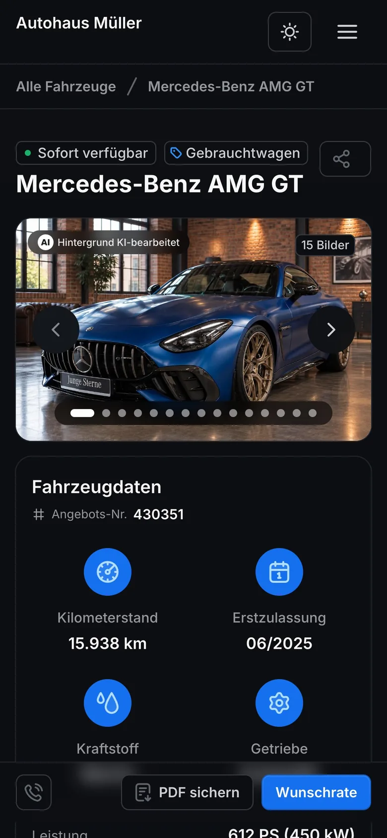 Landingpage auf dem Handy mit Hinweis „Hintergrund KI-bearbeitet“