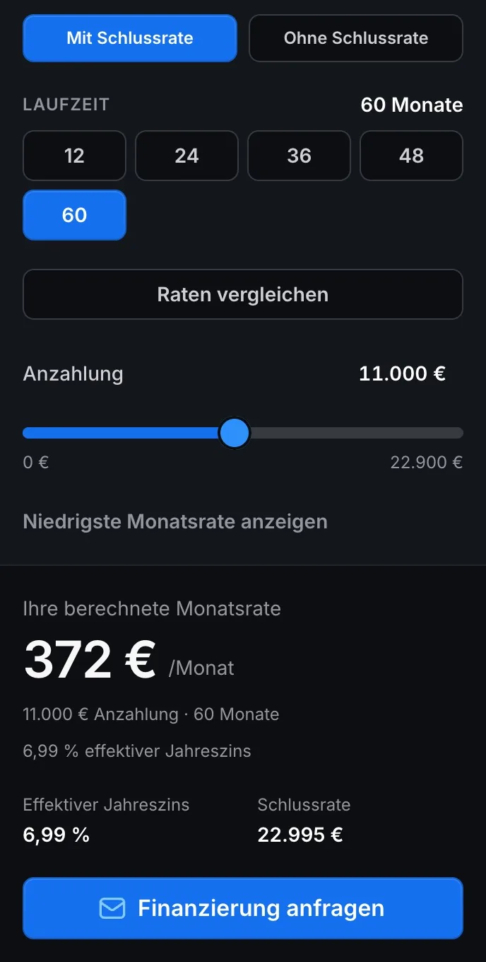 Finanzierungsrechner mit Schlussrate, Laufzeit und Anzahlung